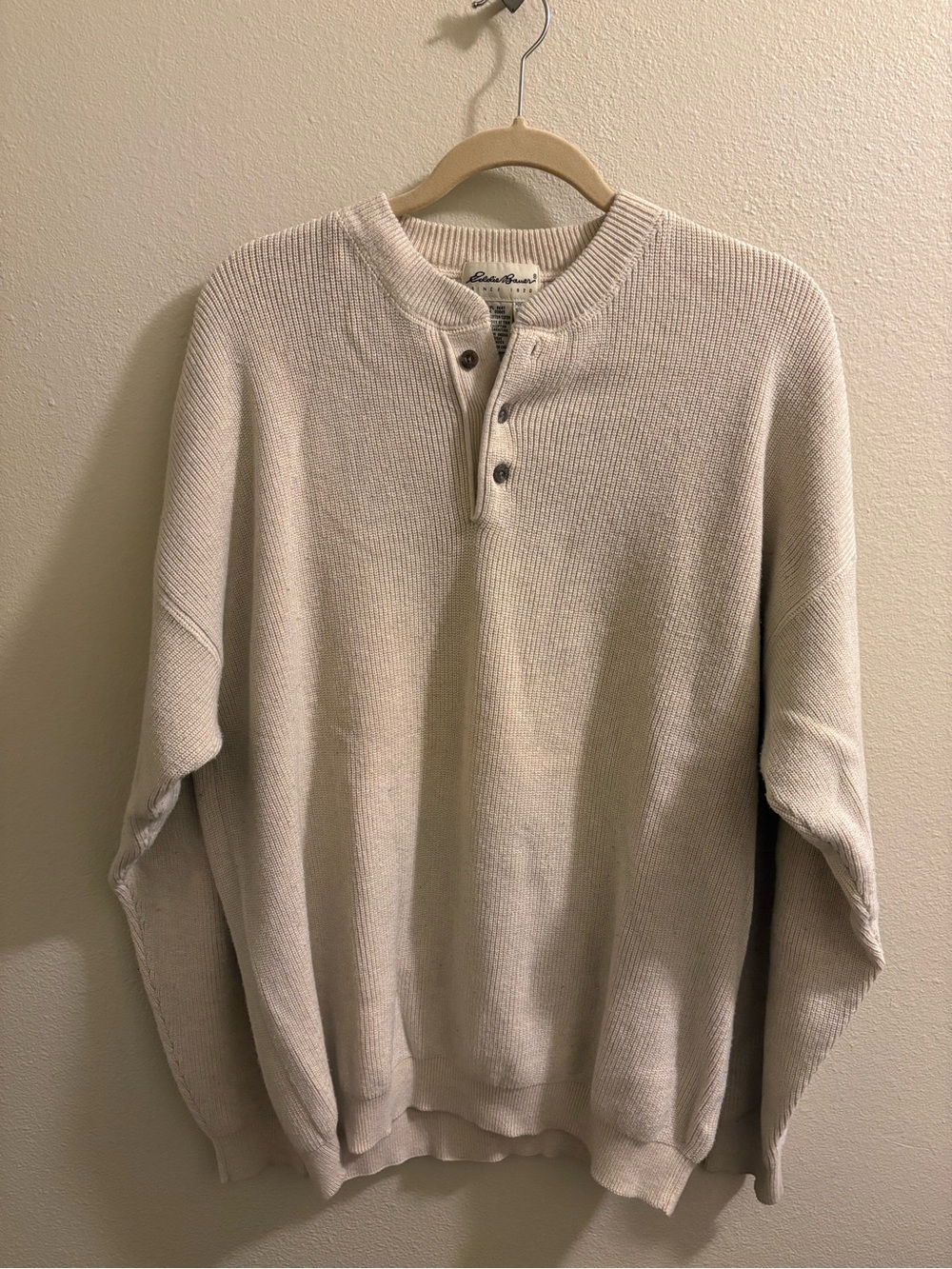 Eddie Bauer Men’s Cream Ribbed 100% Cotton Henley Sweater - Size XL Tall